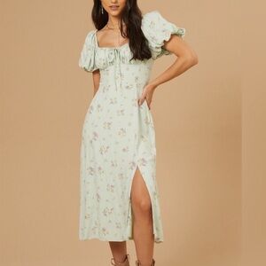 Altar'd State Milkmaid Puff Sleeve Mint Floral Midi Dress